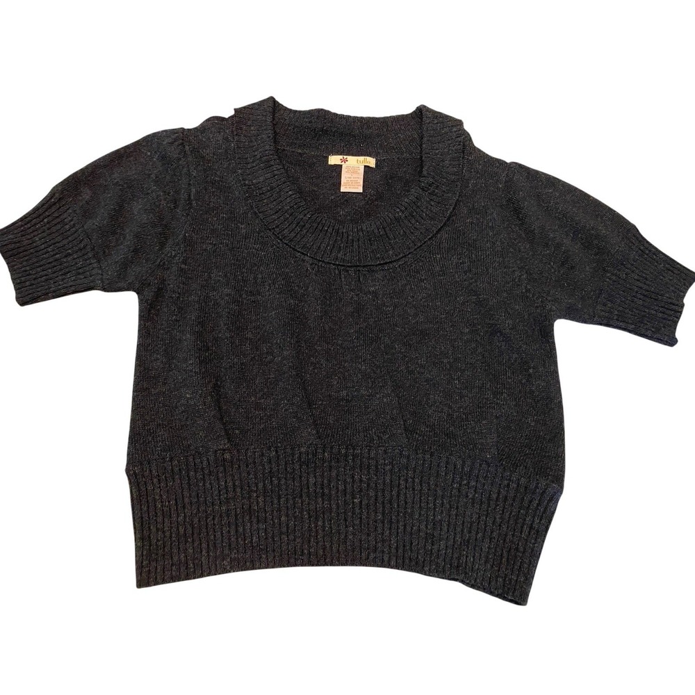 Tulle Short Sleeve Sweater Large Charcoal Gray Angora Wool Blend Wide Neck Top